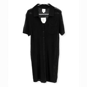 NEW Haute Hippie Black Open Knit Button Front Cover Up Polo‎ Collar XL